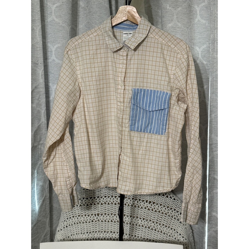 Lands End Womens M 10-12 Tan Plaid Button Down Shirt Blue Striped Pocket Cotton